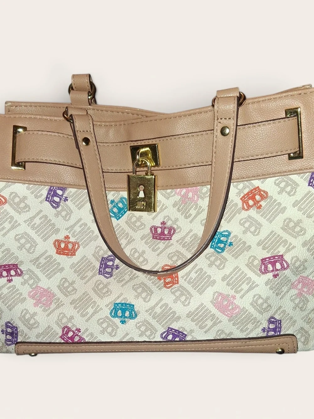 Juicy Couture Beige Tote with Multicolor Crown Print